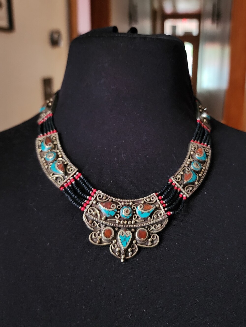 Tribal Himalayan Style Turquoise & Carnelian Statement Necklace